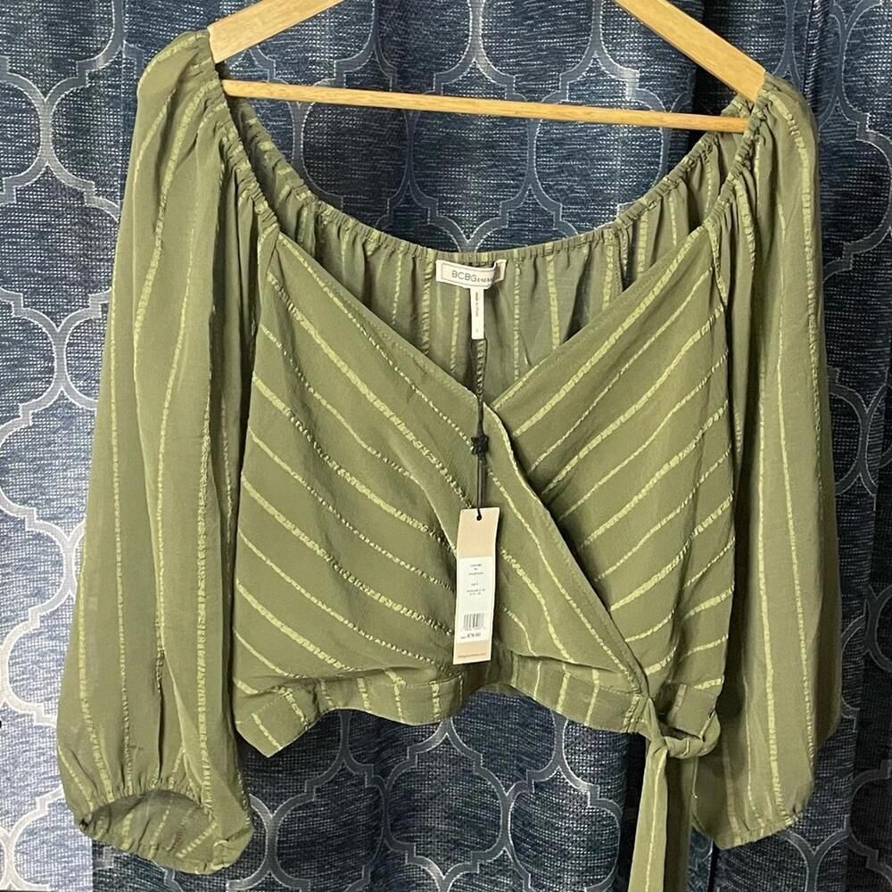 NWT BCBG lantern long sleeve cropped wrap olive green women’s large L shirt (z)
